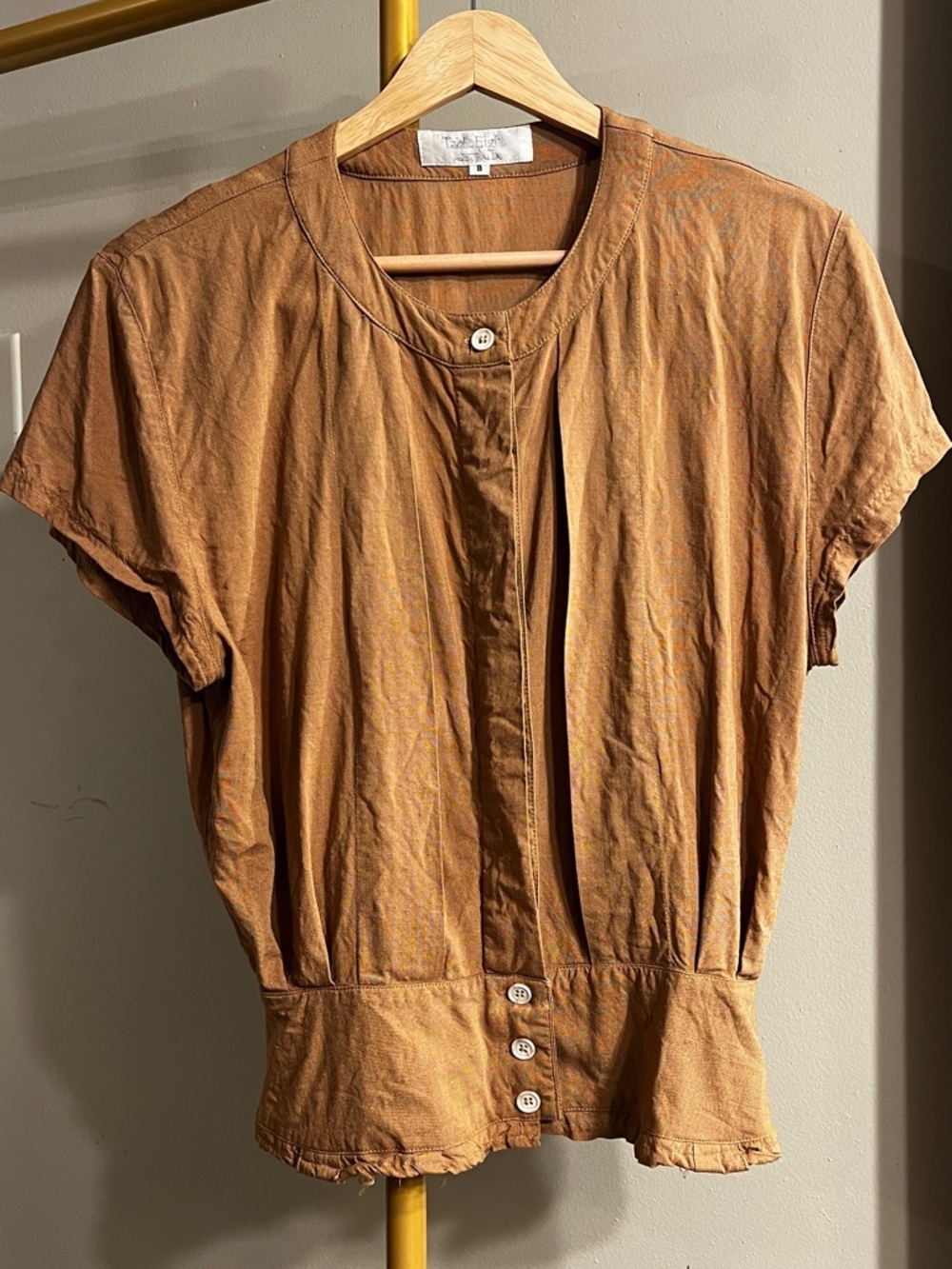 Rust Brown Button-Front Short Sleeve Blouse